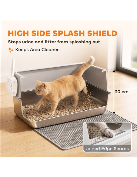 PawHut XL Stainless Steel Cat Litter Tray with Lid, High Sided Cat Litter Box with Scoop and Mat, Light Grey - pic 213789 | FastDaddyshop
