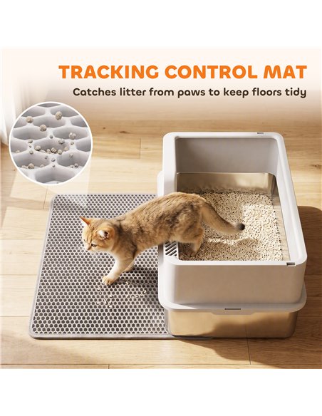PawHut XL Stainless Steel Cat Litter Tray with Lid, High Sided Cat Litter Box with Scoop and Mat, Light Grey - pic 213790 | FastDaddyshop
