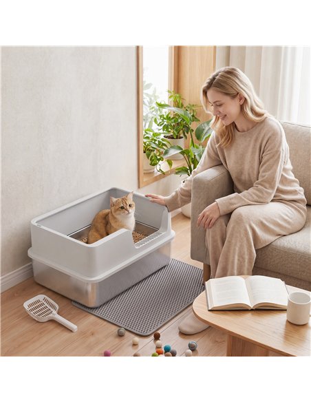 PawHut XL Stainless Steel Cat Litter Tray with Lid, High Sided Cat Litter Box with Scoop and Mat, Light Grey - pic 213791 | FastDaddyshop