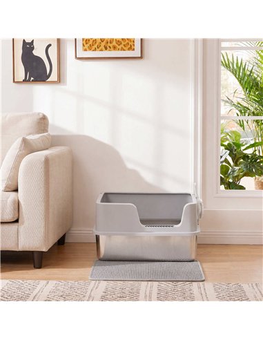 PawHut XL Stainless Steel Cat Litter Tray with Lid, High Sided Cat Litter Box with Scoop and Mat, Light Grey