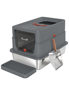 PawHut Stainless Steel Cat Litter Tray with Lid, XL 90L Enclosed Cat Litter Box with Step, Scoop, High Side, Dark Grey