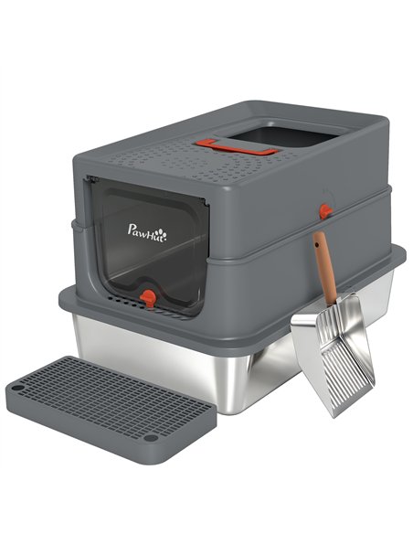 PawHut Stainless Steel Cat Litter Tray with Lid, XL 90L Enclosed Cat Litter Box with Step, Scoop, High Side, Dark Grey - pic 213793 | FastDaddyshop