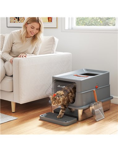 PawHut Stainless Steel Cat Litter Tray with Lid, XL 90L Enclosed Cat Litter Box with Step, Scoop, High Side, Dark Grey