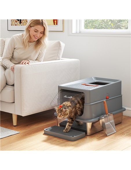 PawHut Stainless Steel Cat Litter Tray with Lid, XL 90L Enclosed Cat Litter Box with Step, Scoop, High Side, Dark Grey - pic 213794 | FastDaddyshop