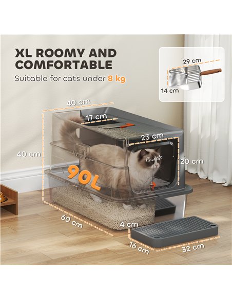PawHut Stainless Steel Cat Litter Tray with Lid, XL 90L Enclosed Cat Litter Box with Step, Scoop, High Side, Dark Grey - pic 213795 | FastDaddyshop
