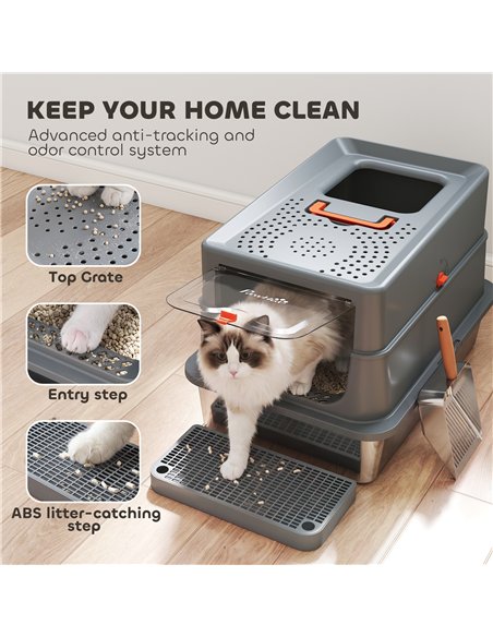PawHut Stainless Steel Cat Litter Tray with Lid, XL 90L Enclosed Cat Litter Box with Step, Scoop, High Side, Dark Grey - pic 213796 | FastDaddyshop