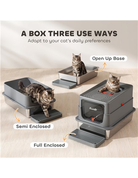 PawHut Stainless Steel Cat Litter Tray with Lid, XL 90L Enclosed Cat Litter Box with Step, Scoop, High Side, Dark Grey - pic 213797 | FastDaddyshop
