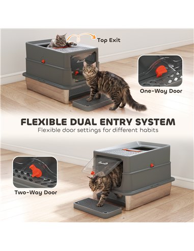 PawHut Stainless Steel Cat Litter Tray with Lid, XL 90L Enclosed Cat Litter Box with Step, Scoop, High Side, Dark Grey