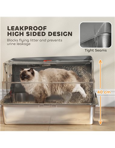 PawHut Stainless Steel Cat Litter Tray with Lid, XL 90L Enclosed Cat Litter Box with Step, Scoop, High Side, Dark Grey
