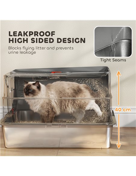 PawHut Stainless Steel Cat Litter Tray with Lid, XL 90L Enclosed Cat Litter Box with Step, Scoop, High Side, Dark Grey - pic 213799 | FastDaddyshop