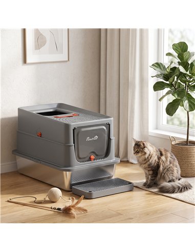 PawHut Stainless Steel Cat Litter Tray with Lid, XL 90L Enclosed Cat Litter Box with Step, Scoop, High Side, Dark Grey