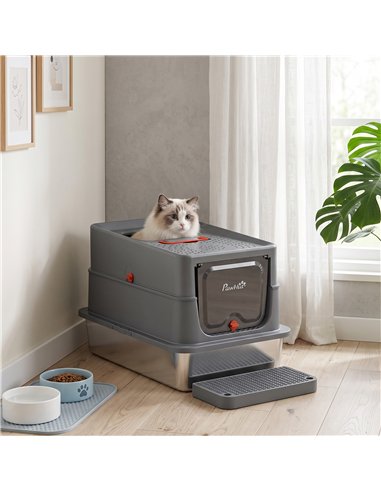 PawHut Stainless Steel Cat Litter Tray with Lid, XL 90L Enclosed Cat Litter Box with Step, Scoop, High Side, Dark Grey