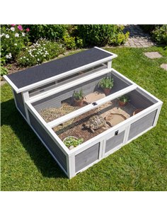 PawHut Wooden Tortoise House, Tortoise Enclosure with Clear Observation Window, Top Opening, Multiple Doors, Galvanised Mesh 2