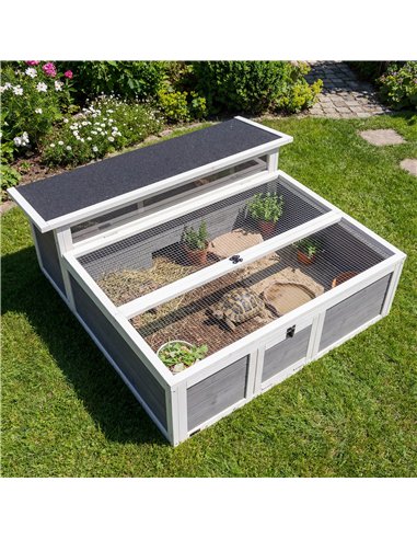 PawHut Wooden Tortoise House, Tortoise Enclosure with Clear Observation Window, Top Opening, Multiple Doors, Galvanised Mesh