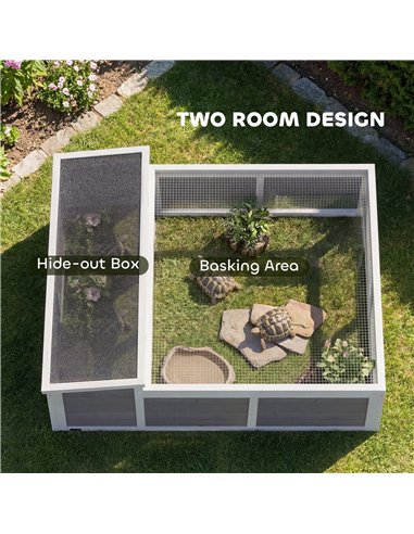 PawHut Wooden Tortoise House, Tortoise Enclosure with Clear Observation Window, Top Opening, Multiple Doors, Galvanised Mesh