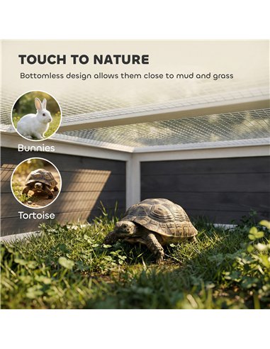 PawHut Wooden Tortoise House, Tortoise Enclosure with Clear Observation Window, Top Opening, Multiple Doors, Galvanised Mesh
