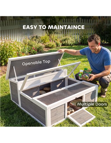 PawHut Wooden Tortoise House, Tortoise Enclosure with Clear Observation Window, Top Opening, Multiple Doors, Galvanised Mesh