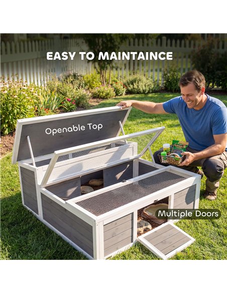 PawHut Wooden Tortoise House, Tortoise Enclosure with Clear Observation Window, Top Opening, Multiple Doors, Galvanised Mesh - pic 213853 | FastDaddyshop