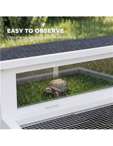 PawHut Wooden Tortoise House, Tortoise Enclosure with Clear Observation Window, Top Opening, Multiple Doors, Galvanised Mesh