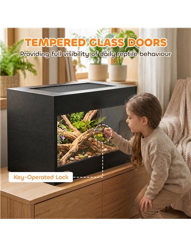 PawHut Reptile Terrarium, Reptile Vivarium with  Glass Doors, Secure Lock, Top Ventilation for Snake, Gecko, 60x45x45cm, Black