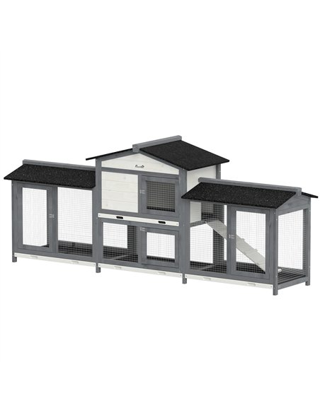 PawHut 2-Tier Large Rabbit Hutch Outdoor with Double Side Run Boxes, No-leak Plastic Tray, Ramp, 230 x 53 x 93.5cm, Light Grey - pic 213865 | FastDaddyshop