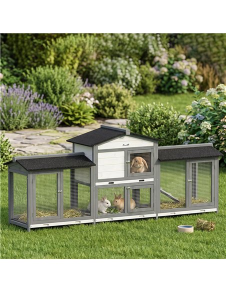 PawHut 2-Tier Large Rabbit Hutch Outdoor with Double Side Run Boxes, No-leak Plastic Tray, Ramp, 230 x 53 x 93.5cm, Light Grey - pic 213866 | FastDaddyshop
