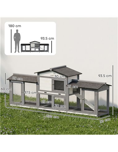 PawHut 2-Tier Large Rabbit Hutch Outdoor with Double Side Run Boxes, No-leak Plastic Tray, Ramp, 230 x 53 x 93.5cm, Light Grey