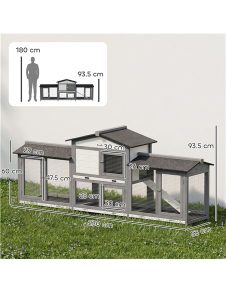 PawHut 2-Tier Large Rabbit Hutch Outdoor with Double Side Run Boxes, No-leak Plastic Tray, Ramp, 230 x 53 x 93.5cm, Light Grey - pic 213867 | FastDaddyshop