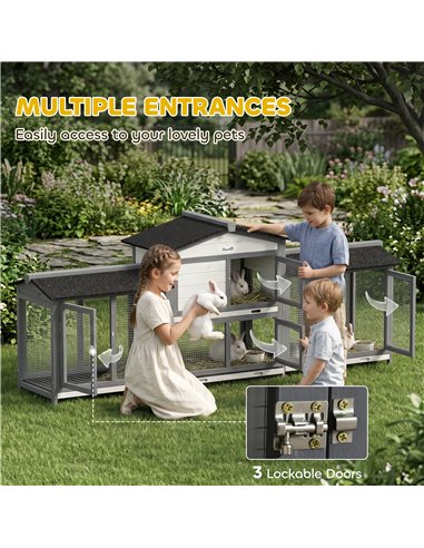 PawHut 2-Tier Large Rabbit Hutch Outdoor with Double Side Run Boxes, No-leak Plastic Tray, Ramp, 230 x 53 x 93.5cm, Light Grey