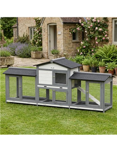 PawHut 2-Tier Large Rabbit Hutch Outdoor with Double Side Run Boxes, No-leak Plastic Tray, Ramp, 230 x 53 x 93.5cm, Light Grey