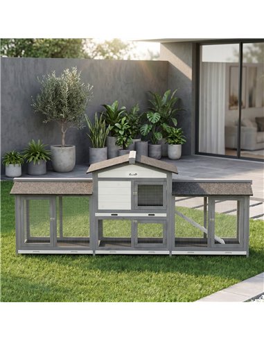 PawHut 2-Tier Large Rabbit Hutch Outdoor with Double Side Run Boxes, No-leak Plastic Tray, Ramp, 230 x 53 x 93.5cm, Light Grey