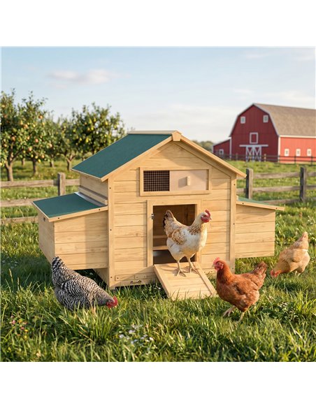 PawHut Chicken Coop, Wooden Outdoor Hen House with Nesting Box, Openable Waterproof Top, Pull-Out Tray, 150 x 100 x 97cm - pic 213875 | FastDaddyshop