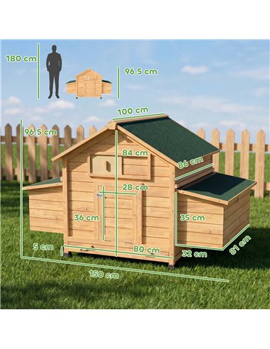 PawHut Chicken Coop, Wooden Outdoor Hen House with Nesting Box, Openable Waterproof Top, Pull-Out Tray, 150 x 100 x 97cm