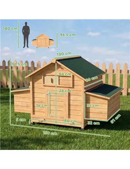 PawHut Chicken Coop, Wooden Outdoor Hen House with Nesting Box, Openable Waterproof Top, Pull-Out Tray, 150 x 100 x 97cm - pic 213876 | FastDaddyshop