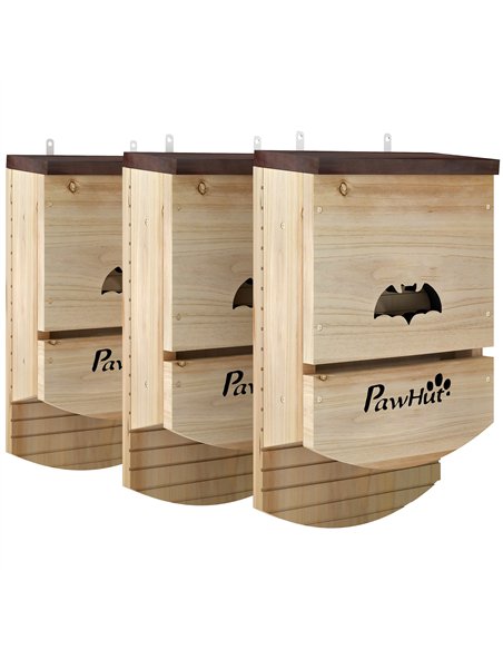 PawHut Bat Boxes, Pack of 3 Wooden Bat Houses for Outdoor, Garden, Farm, Easy to Hang, 23 x 9.5 x 36.5 cm, Natural - pic 213910 | FastDaddyshop