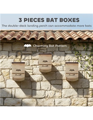 PawHut Bat Boxes, Pack of 3 Wooden Bat Houses for Outdoor, Garden, Farm, Easy to Hang, 23 x 9.5 x 36.5 cm, Natural