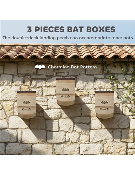 PawHut Bat Boxes, Pack of 3 Wooden Bat Houses for Outdoor, Garden, Farm, Easy to Hang, 23 x 9.5 x 36.5 cm, Natural - pic 213913 | FastDaddyshop