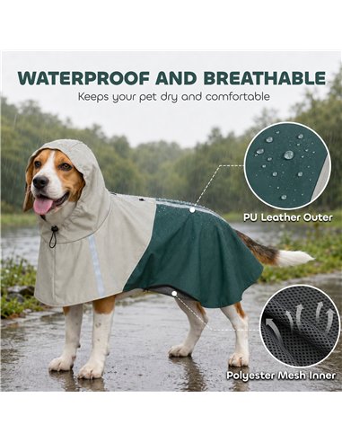 PawHut Dog Raincoat with Hood, Waterproof & Breathable Rain Jacket with Leash Hole, for Medium Dogs, Green, M