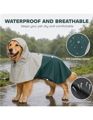 PawHut Dog Raincoat with Hood, Waterproof & Breathable Rain Jacket with Leash Hole, for Large Dogs, Green, L