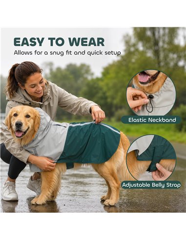 PawHut Dog Raincoat with Hood, Waterproof & Breathable Rain Jacket with Leash Hole, for Large Dogs, Green, L