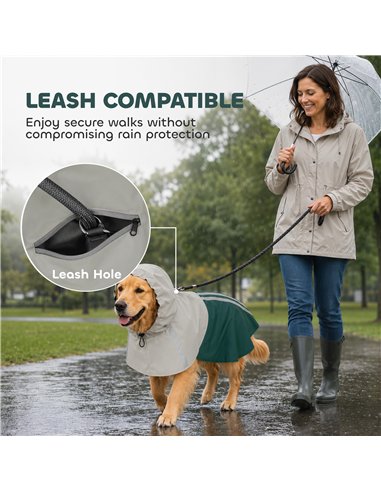 PawHut Dog Raincoat with Hood, Waterproof & Breathable Rain Jacket with Leash Hole, for Large Dogs, Green, L