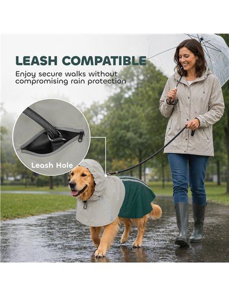 PawHut Dog Raincoat with Hood, Waterproof & Breathable Rain Jacket with Leash Hole, for Large Dogs, Green, L - pic 213943 | FastDaddyshop