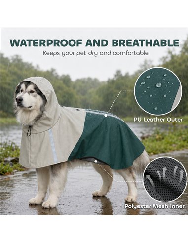PawHut Dog Raincoat with Hood, Waterproof & Breathable Rain Jacket with Leash Hole, for Extra Large Dogs, Green, XL