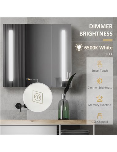 Kleankin LED Illuminated Bathroom Mirror Cabinet with Lights, Wall Mounted Storage Organizer with Adjustable Shelf, Touch Switch