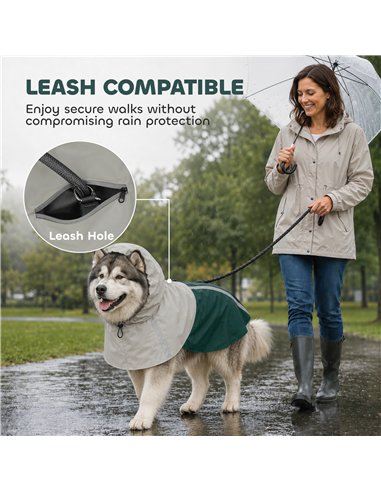 PawHut Dog Raincoat with Hood, Waterproof & Breathable Rain Jacket with Leash Hole, for Extra Large Dogs, Green, XL