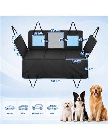 PawHut Dog Car Seat Cover, Waterproof Dog Travel Hammock w/ Non-Slip & Anti-Scratch Surface, Mesh Window and Pockets, Blue