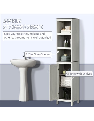 Kleankin Tall Bathroom Storage Cabinet with 3 Open Shelves, Adjustable Shelf, Antique White