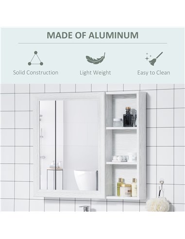 Kleankin Bathroom Cabinet Wall Mounted, Aluminium Storage Organiser with Single Mirrored Door and 3-tier Shelves, White