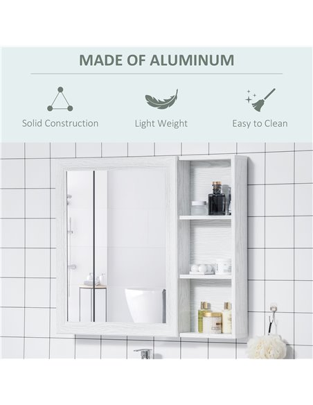 Kleankin Bathroom Cabinet Wall Mounted, Aluminium Storage Organiser with Single Mirrored Door and 3-tier Shelves, White - pic 21432 | FastDaddyshop