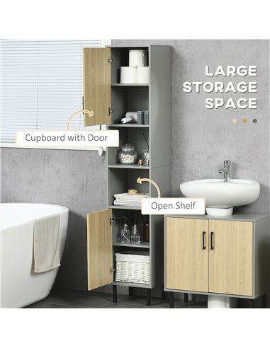 Kleankin Freestanding Bathroom Storage with Door and Adjustable Shelves, Natural